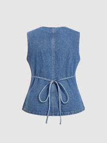 SHEIN MOD Women Plus Blue Plus Size Vest Old Money Style Denim Vest Metal Buttons Summer, Fall - Light Wash - View 2