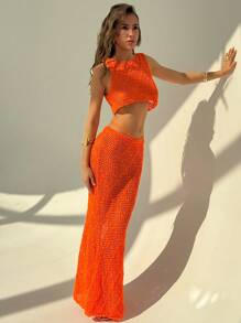 Aloruh 2pcs Women Outfit: Solid Color Cropped Top & Extra Long Skirt Set Summer Summer Outfits Summer Clothes Beach Outfits For Woman  Beach Vacation Vacation Outfits Woman Boho  Tropical Vacation Woman Clothe Crochet Orange Holiday Crochet Hook Hollow Sexy - Orange - View 2