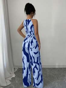 Elenzga Mono estampado con cintura para mujer, elegante para vacaciones y uso diario con cuello halter - Azul - Ver 2