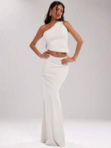 SHEIN BAE Conjunto de top corto sin espalda de unicolor elegante y sexy con falda de sirena - Blanco - Ver 3
