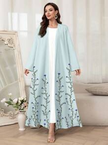 Al Najma Women's Floral Print Long Sleeve Open Front Abaya Kimono, Modest Robe - Baby Blue - View 5