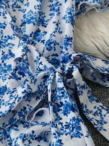 Trelyra 迷人优雅的小碎花连衣裙，V 领和腰带，女式波西米亚结，荷叶边下摆，裹身短袖 V 领常规版型中长款杏色荷叶边袖全身印花，小碎花、花卉、植物 A 字型女式长裙，春夏，休闲日常穿着超长度假海滩装 - 藍色 - 查看 4