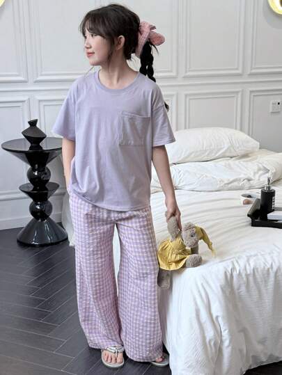 Dazy Kids Tween Girls' Solid Color Short Sleeve Top And Plaid Pants Home Outfit Pajama Set ,Girls Summer Outfits, Back To School Clothes