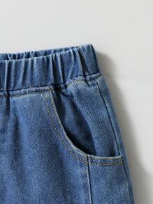 SHEIN Young Boy Elastic Waist Pockets Cuffed Casual Jeans - Dark Wash - View 6