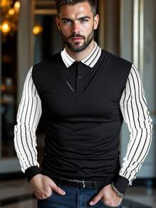 Manfinity VCAY Herren Strick Polo-Shirt in lockerer Passform mit Patchwork, Junge & Alltags Mode - Schwarz und Weiss - Übersicht 4