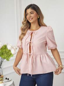 KURAYIA Camicia allentata con maniche a palloncino e legatura davanti, casual, per donna, camicetta estiva oversize per donna