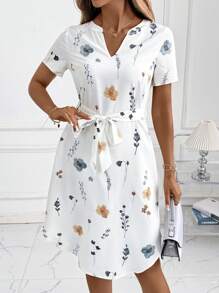 SHEIN Clasi 女士 V 领系带蝴蝶结短袖优雅日常穿着花卉印花中长连衣裙 - 彩色 - 查看 3