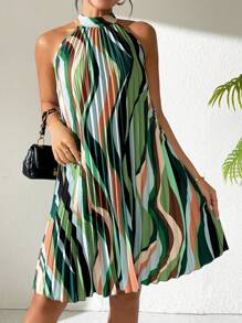 Breezaya 女士全印花褶皱 V 领迷你度假连衣裙