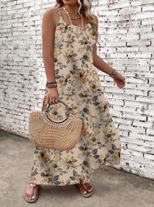 EMERY ROSE 大码休闲度假植物印花无袖长裙超长女装