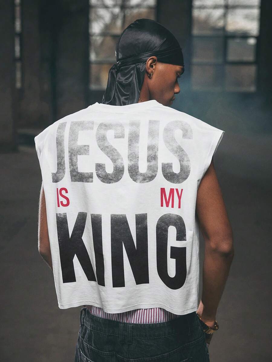 AXEPEAK Men Casual Letter Printed Round Neck Loose Tank Top, Streetwear, Fall - White - View 1