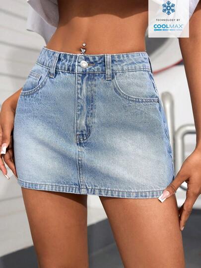 SHEIN PETITE Women's Pocket Decor Casual Versatile Denim Mini Skirt