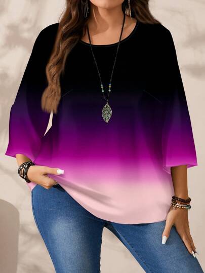 SHEIN CURVE+ 大码女式夏季休闲宽松渐变色度假衬衫