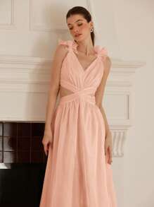 GENKIRA Đầm dài hở lưng cổ chữ V quấn chéo màu trơn phong cách Ý gợi cảm dành cho nữ - Hồng - Xem 2