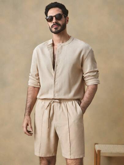 Manfinity NXTstreet 2 件套男士休闲宽松编织长袖衬衫和抽绳腰短裤套装，纯色套装适合日常穿着