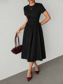 SHEIN PETITE Women's Solid Color Round Neck Short Sleeve Cinched Waist Elegant Long Dress,Summer Dresses For Women - Black - View 3