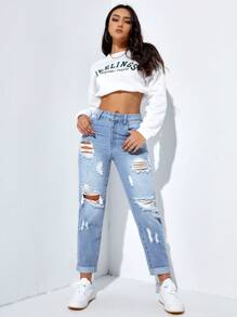 SHEIN EZwear Quần Jeans Rách Eo Cao, Thời Trang Tối Giản Phù Hợp Cho Mùa Hè - Rửa nhẹ - Xem 4