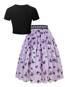 2pcs Tween Girls Ribbed Knit Short Sleeve Top Matched With Sequined Butterfly Fabric Skirt Set, Suitable For Daily Commute, Gatherings, Casual Outings Outfit For Girl