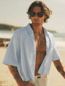 HIMLAND Men's Slim Fit Woven Striped Short Sleeve Casual Blue Shirt, Old Money