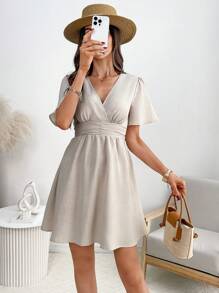 EMERY ROSE Women's Solid Color V-Neck Short Sleeve Casual Mini Dress Summer Dresses For Women Graduation Dresses For Women - Khaki - View 1