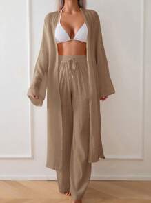 SHEIN Swim Chicsea Women's Solid Color Long Sleeve Long Loose Kimono Style Cover Up For Summer Beach Vacation - Brown - View 5