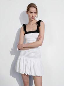 Lumivelle Women Color Block Ruffle Hem Cami Dress - White - View 3