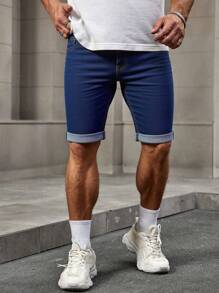 Manfinity Homme 男士休闲水洗牛仔短裤，带口袋和卷边，百搭 - 深色水洗藍 - 查看 3