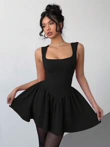 Aloruh 女士方领褶皱无袖迷你连衣裙，纯色时尚 - 黑色 - 查看 1