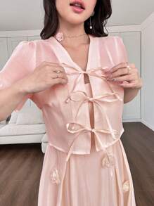 Modelyn 2 件套女士 3D 花朵装饰系腰短袖上衣和吊带背心连衣裙 - 粉色 - 查看 5