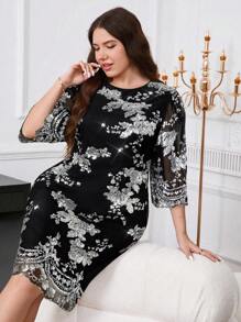 SHEIN Clasi Plus Size Elegant Party Sequined Embroidered Dress - Silver - View 6