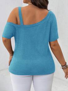 SHEIN LUNE Camiseta informal de talla grande de unicolor con cuello asimétrico para el verano - Azul menta - Ver 2