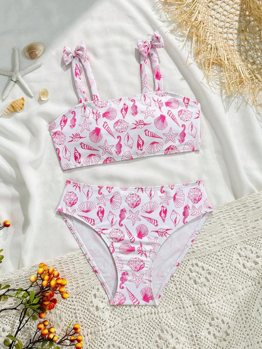 SHEIN Girls Retro Shell Print Bikini Set, Cute Bow Patchwork Swimwear, Suitable For Beach Holiday Swimming In Summer - Red - View 1