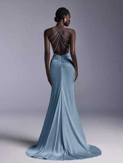 SHEIN Belle Elegant Satin Minimalist Luxurious Spaghetti Strap V-Neck Backless Ruffle Hem Mermaid Train Formal Gown, Party Dress, For Evening, Wedding Guest