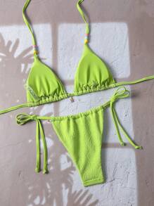 SHEIN Swim Simple Solid Color Halter Spaghetti Strap Triangle Bikini Top And V-Shape Swim Bottom 2 Pieces Swimwear For Summer Beach Vacation - Green - View 3