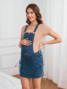 SHEIN Maternity Denim Overall Dress With Pockets & Side Button Design - Medium Wash - View 3
