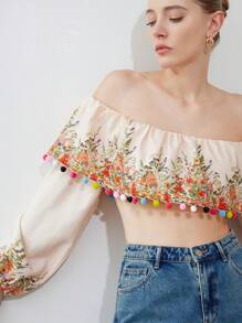 SHEIN Privé Sweater Kasual Resort Wanita Lengan Panjang Tanpa Bahu dengan Hiasan Bola Bulu - MultiWarna - View 1