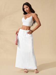 SHEIN PETITE Women's Skirts, Floor-Length Maxi Skirts, Waist Ties, Vacation Skirts, Low-Waist Skirts - White - View 3