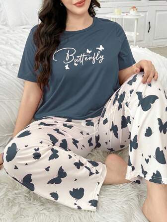 Butterfly & Letter Print Kortärmad & långbyxor Plus Size Women Pyjamas Set