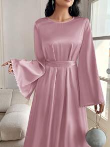 Al Najma Women's Elegant Solid Color Flare Sleeve Long Dress, Spring/Summer, Modest Elegant A Line Arabian Dresses, For Evening Party/Wedding Guest/Anniversary/Daily Wear - Dusty Pink - View 3