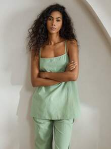 Ocili 休闲两件套 100% 纯棉舒适吊带背心和裤子家居服套装假日季节服装 - 綠色 - 查看 7