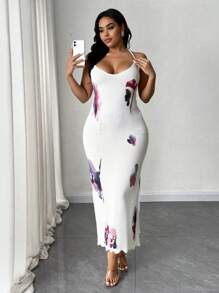 SHEIN Unity 大码女式休闲度假褶皱舒适面料印花荷叶边后开衩夏季连衣裙 - 彩色 - 查看 1