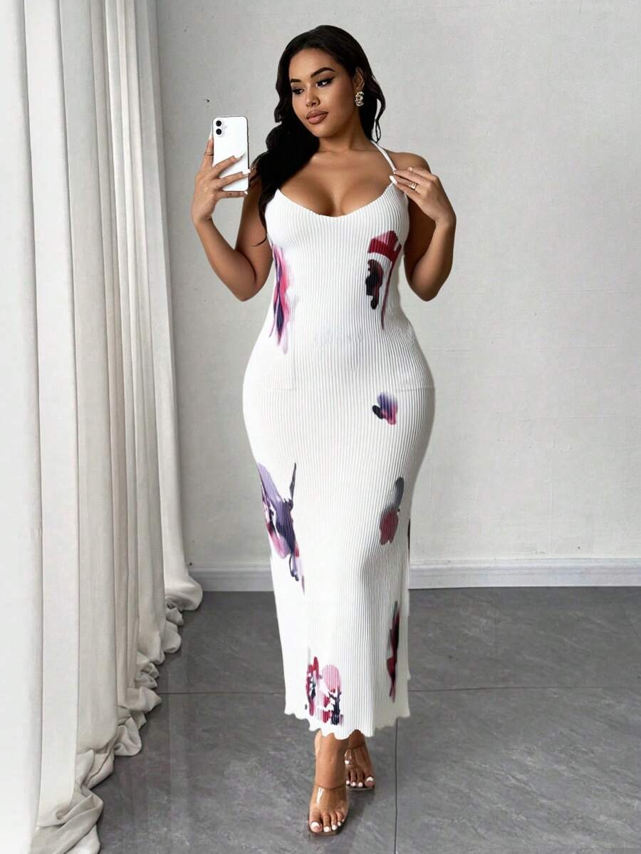 SHEIN Unity 大码女式休闲度假褶皱舒适面料印花荷叶边后开衩夏季连衣裙 - 彩色 - 查看 1