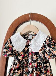 SHEIN Babygirl Summer Cute Floral Print Vacation Dress - Black - View 4