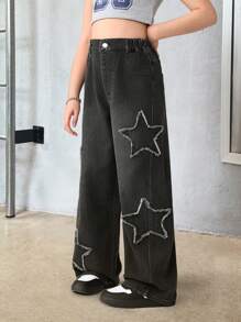 SHEIN Tween Girls 街头风格酷炫美国星形贴片洗水做旧宽松牛仔裤 - 黑色 - 查看 5