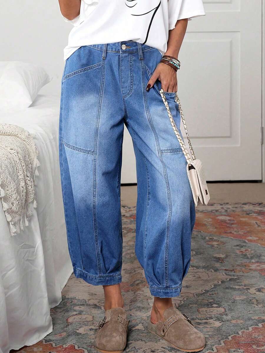 EMERY ROSE Women's Pocketed Loose Casual Versatile Straight-Leg Jeans - Blue - View 1