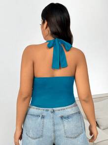 SHEIN EZwear Plus Size Black Lace-Up Spaghetti Strap Top - Teal Blue - View 2