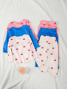 6 Stücke/Set Baby Mädchen Lässig Kirsche Muster Langarm Top und Hose bequemer Heim Outfit Set - Verschiedenfarbig - Übersicht 2