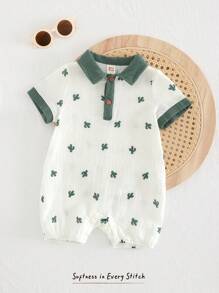 Cozy Pixies Baby Boy Cartoon Dinosaur Pattern Color Block Polo Collar Short Sleeve Romper Casual Outfit - Green - View 8