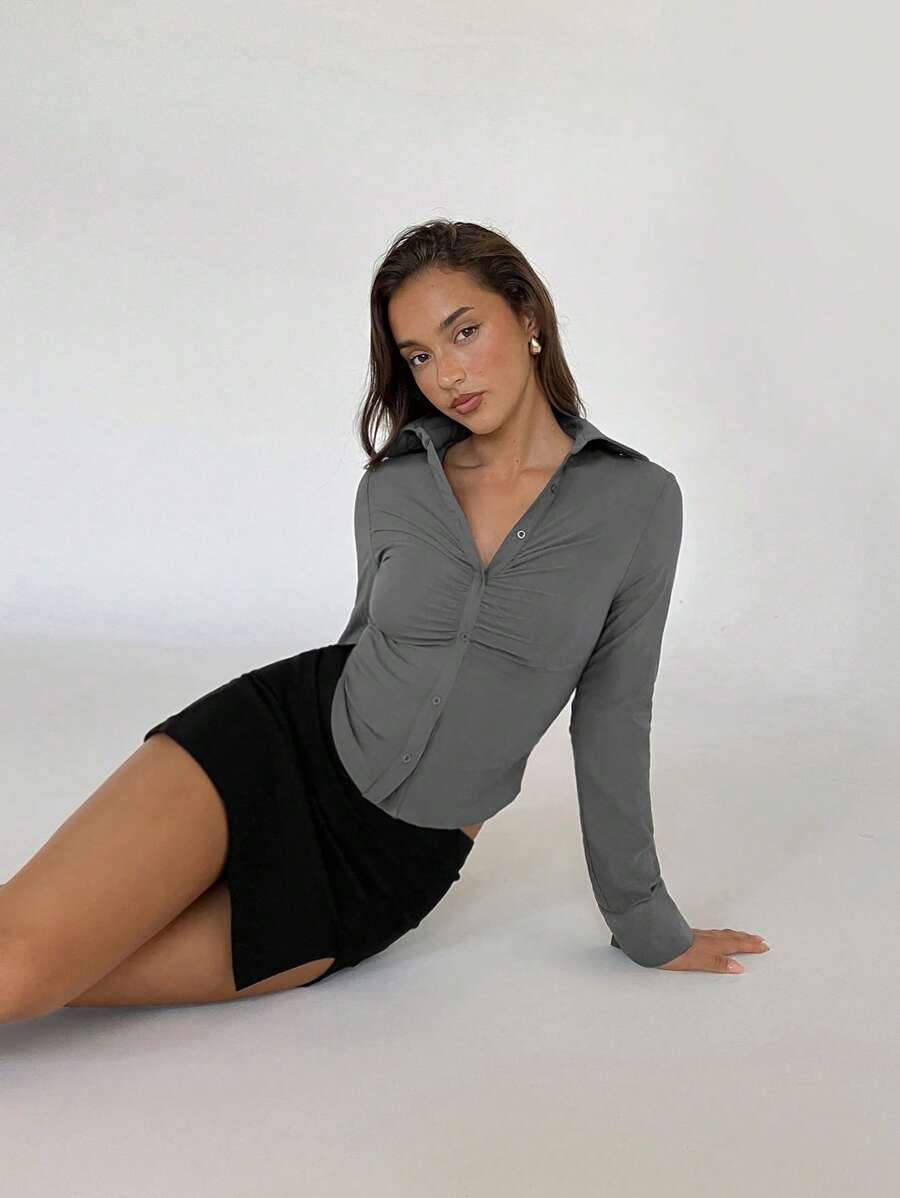 Aloruh Women's Autumn/Winter New Office Commuter Daily Wear V-Neck Ruched Chest Collared Single-Breasted Slim Fit Long Sleeve White Blouse - Grey - View 1