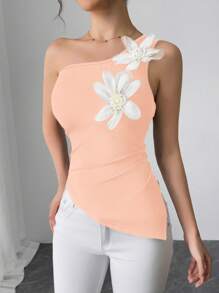 SHEIN Unity Sexy Elegant Chic Floral Asymmetric Shoulder Form-Fitted T-Shirt With Side Ruched Waist - Pink - View 6
