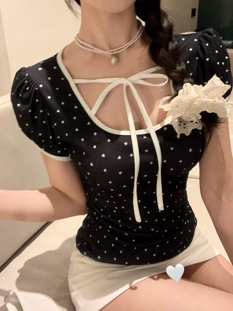 Women Round Neck Polka Dot Drawstring Casual Short Sleeve T-Shirt Cute Tops